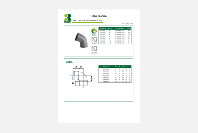 Ficha Técnica A-6 Codo macho · hembra 87º-30'