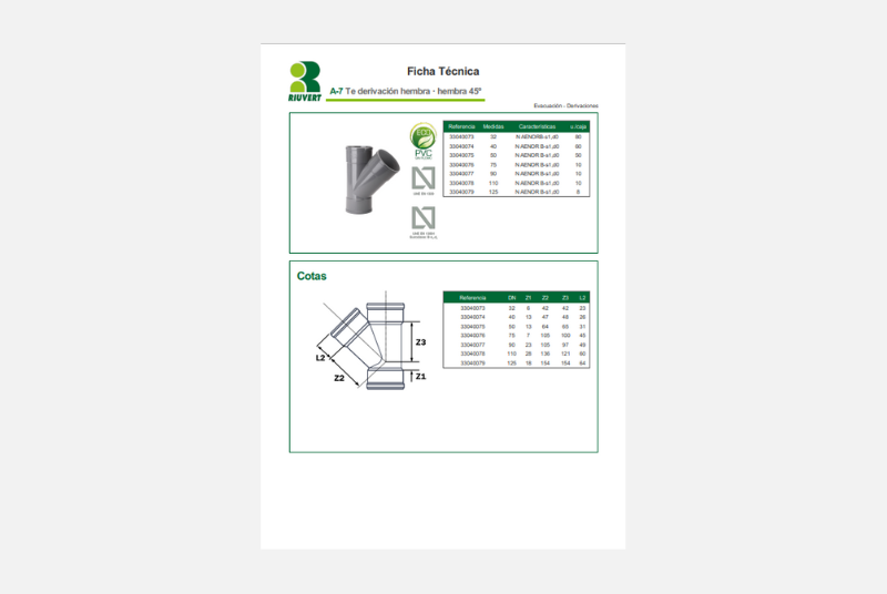 Ficha Técnica A-7 Te derivación hembra · hembra 45º