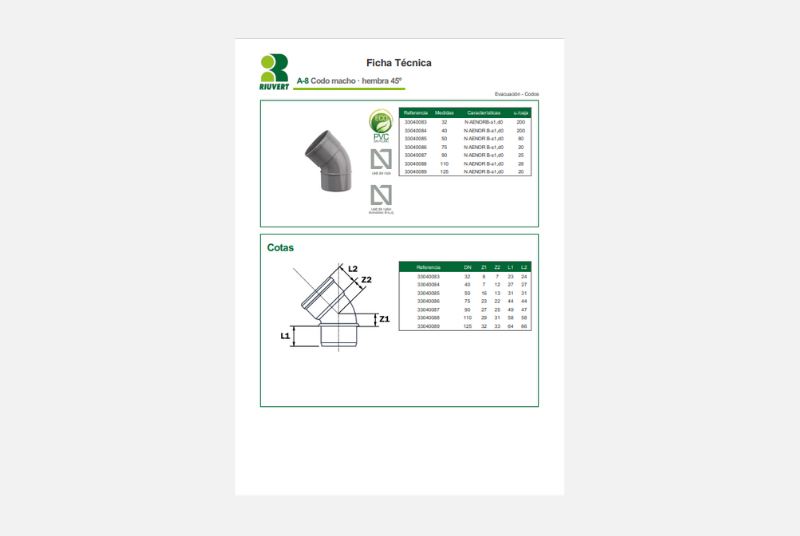 Ficha Técnica A-8 Codo macho · hembra 45º