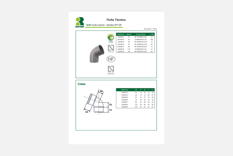 Ficha Técnica A-81 Codo macho · hembra 67º-30'