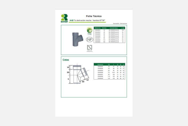 Ficha Técnica A-82 Te derivación macho · hembra 67º30"