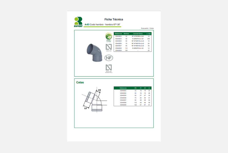 Ficha Técnica A-83 Codo hembra · hembra 67º-30'