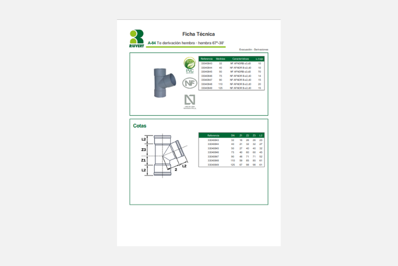Ficha Técnica A-84 Te derivación hembra · hembra 67º-30'
