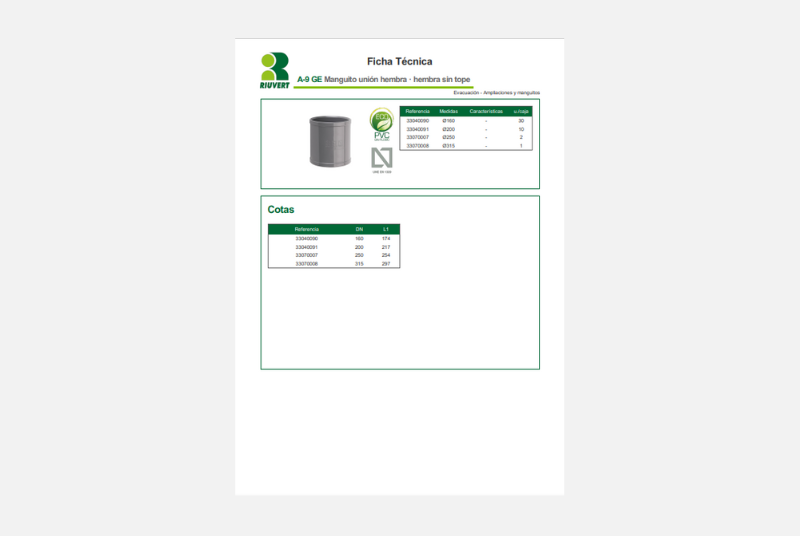 Ficha Técnica A-9 GE Manguito unión hembra · hembra sin tope