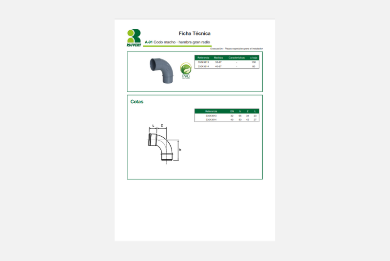 Ficha Técnica A-91 Codo macho · hembra gran radio