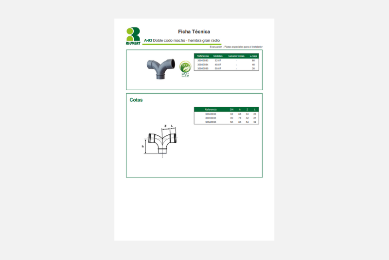Ficha Técnica A-93 Doble codo macho · hembra gran radio