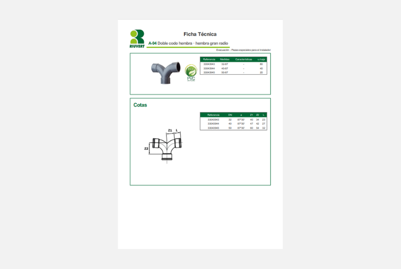 Ficha Técnica A-94 Doble codo hembra · hembra gran radio