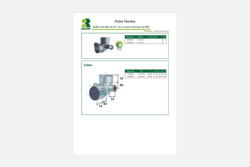 Ficha Técnica A-52 Codo M/H de 87º con 2 tomas laterales de Ø50