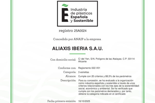 Certificado de la marca Industria de Plásticos Española y Sostenible