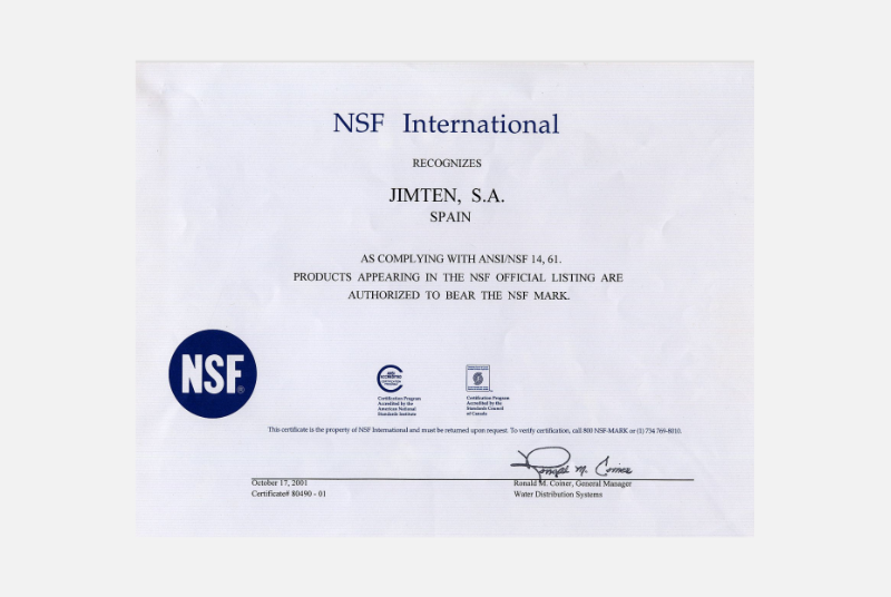 Certificado NSF Jimten - Inglés