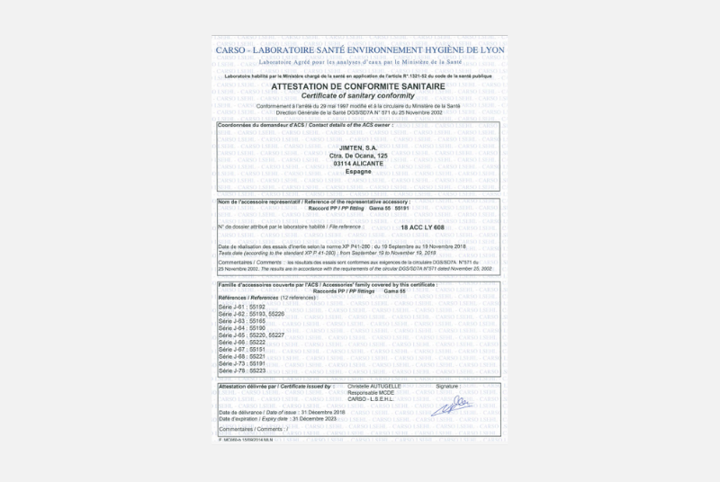 Certificado Fitting - CARSO ACS - PP GAMA 55-Francés D110