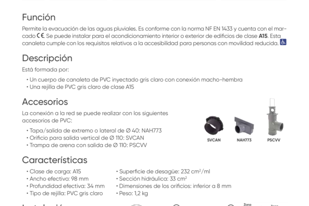 Ficha Técnica  - CAB510AFR - Canal de 0,5 m en PVC con rejilla perforada tipo piscina en PVC