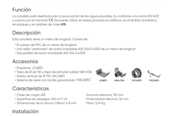 Ficha Técnica - CAB131ATI -  Canal de baja cota de 1 m PP con rejilla perforada de acero inoxidable
