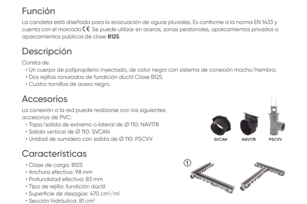 Ficha Técnica  - CAL10BF -  Canal de 1 m PP sin marco con 2 rejillas de fundición
