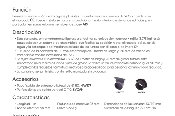 Ficha Técnica - CAN10API -  Canal de 1 m PVC con marco con rejilla pasarela de acero inoxidable