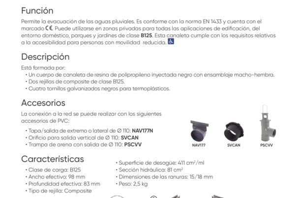 Ficha Técnica - CAN10AG -  Canal de 1 m PP con 2 rejillas en poliamida