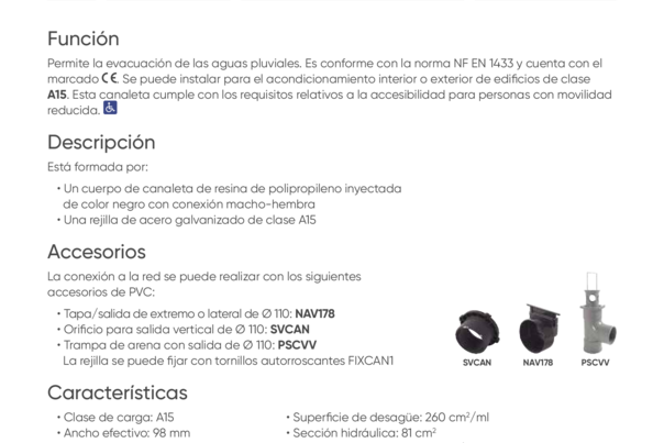 Ficha Técnica  - DRP178 - Canal de 1 m PP sin marco con rejilla pasarela de acero galvanizado
