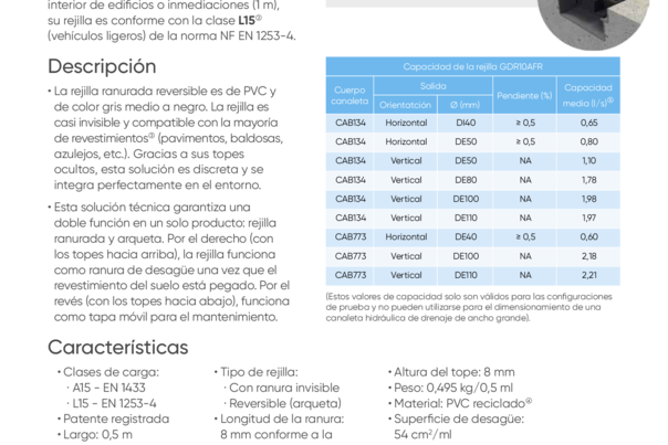 Ficha Técnica  - GDR10AFR - Rejilla ranurada reversible clase A15/L15 para canal oculta