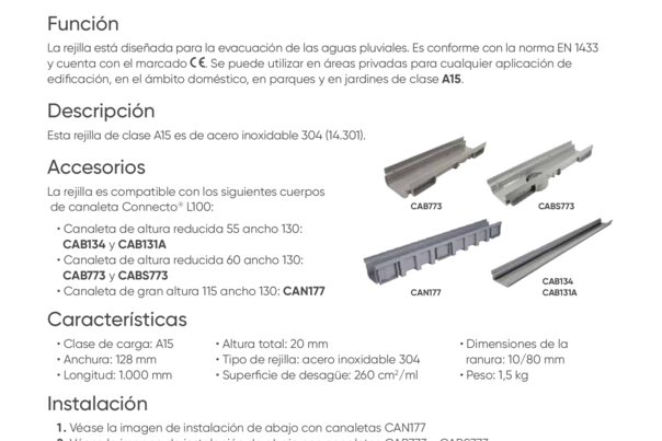 Ficha Técnica  - GDR10API - Rejilla ranurada de acero inoxidable | Clase A15