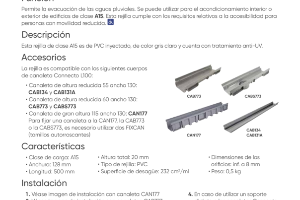 Ficha Técnica  - GR77P -  Rejilla perforada tipo piscina en PVC | Clase A15