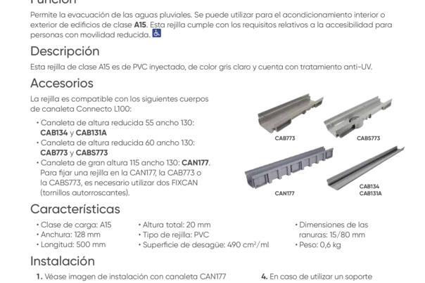 Ficha Técnica - GRL77 -  Rejilla ranurada de PVC | Clase A15