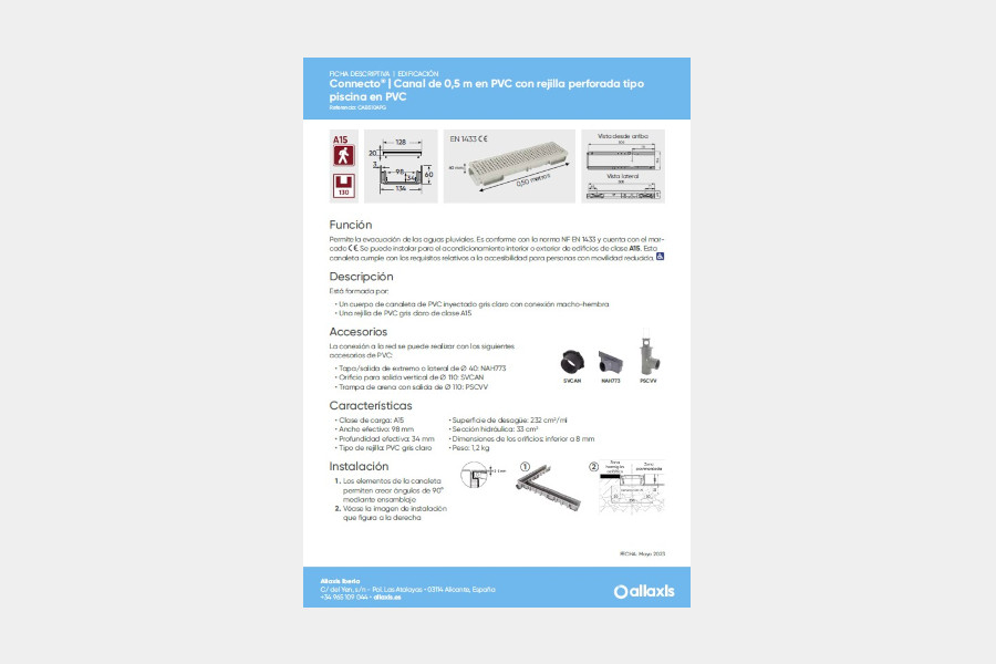 Ficha Técnica  - CAB510AFR - Canal de 0,5 m en PVC con rejilla perforada tipo piscina en PVC