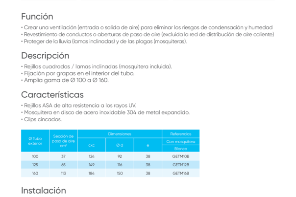 Ficha Técnica - GET - GETM - 1GETM - Rejillas especiales de ventilación de fachadas para tubos de PVC