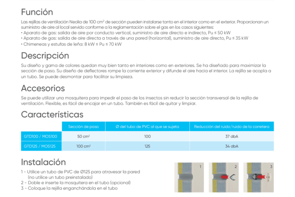 Ficha Técnica - GDT100 - GDT125 - MOS100 - MOS125 - Rejillas de ventilación de gas especial NEOLIA